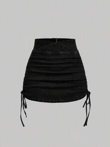 MOD Falda de línea A de denim con cintura asimétrica, cordón y drapeado para mujer - Negro - Ver 1