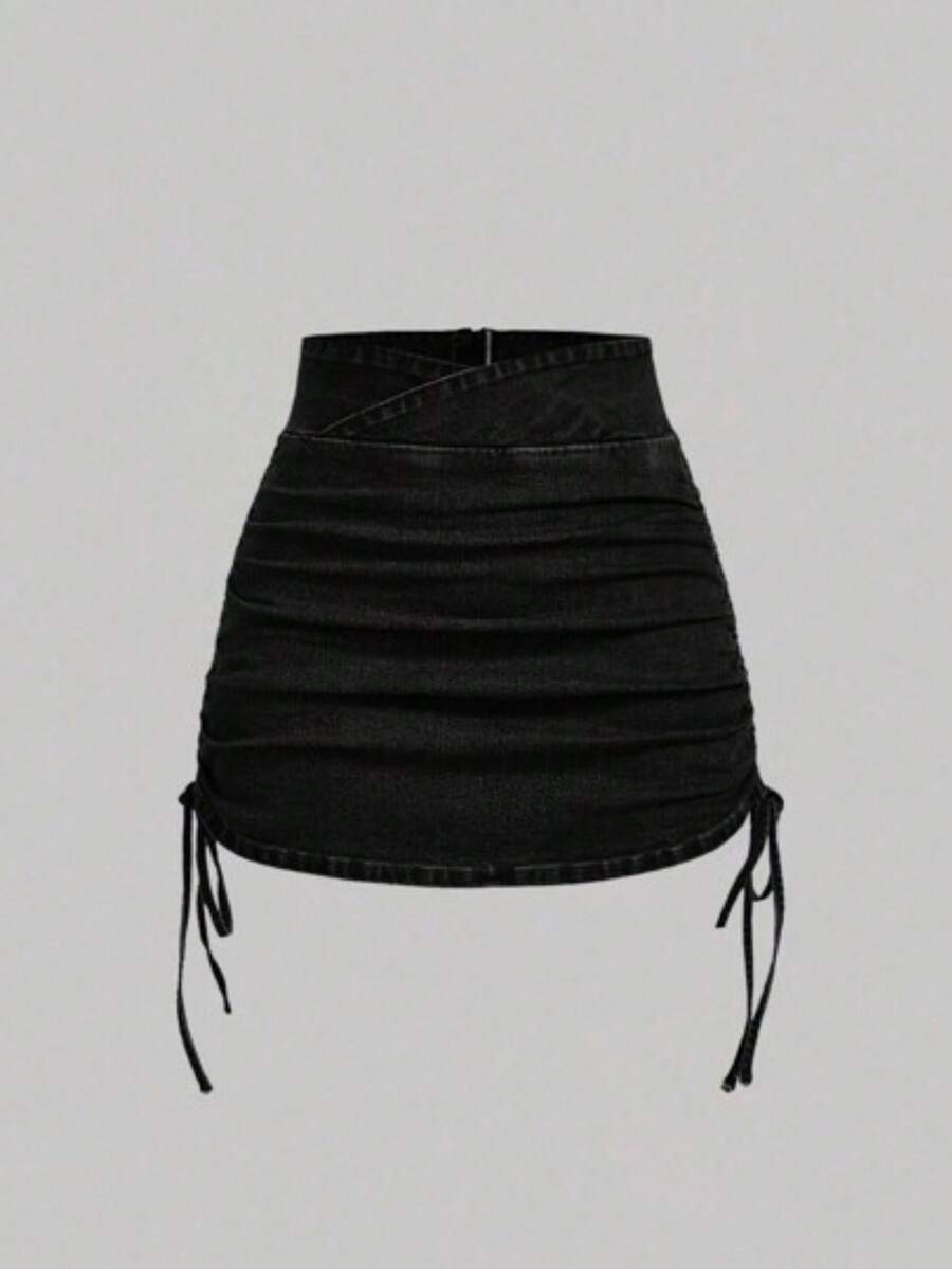 MOD Falda de línea A de denim con cintura asimétrica, cordón y drapeado para mujer - Negro - Ver 1