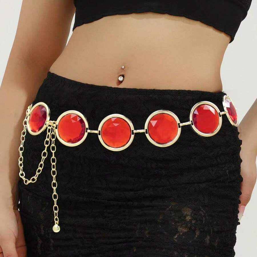 European And American Women's Mirror Casual Decorative Waist Belt With Crystal Ruby Metal Chain - Golden Ruby - View 1