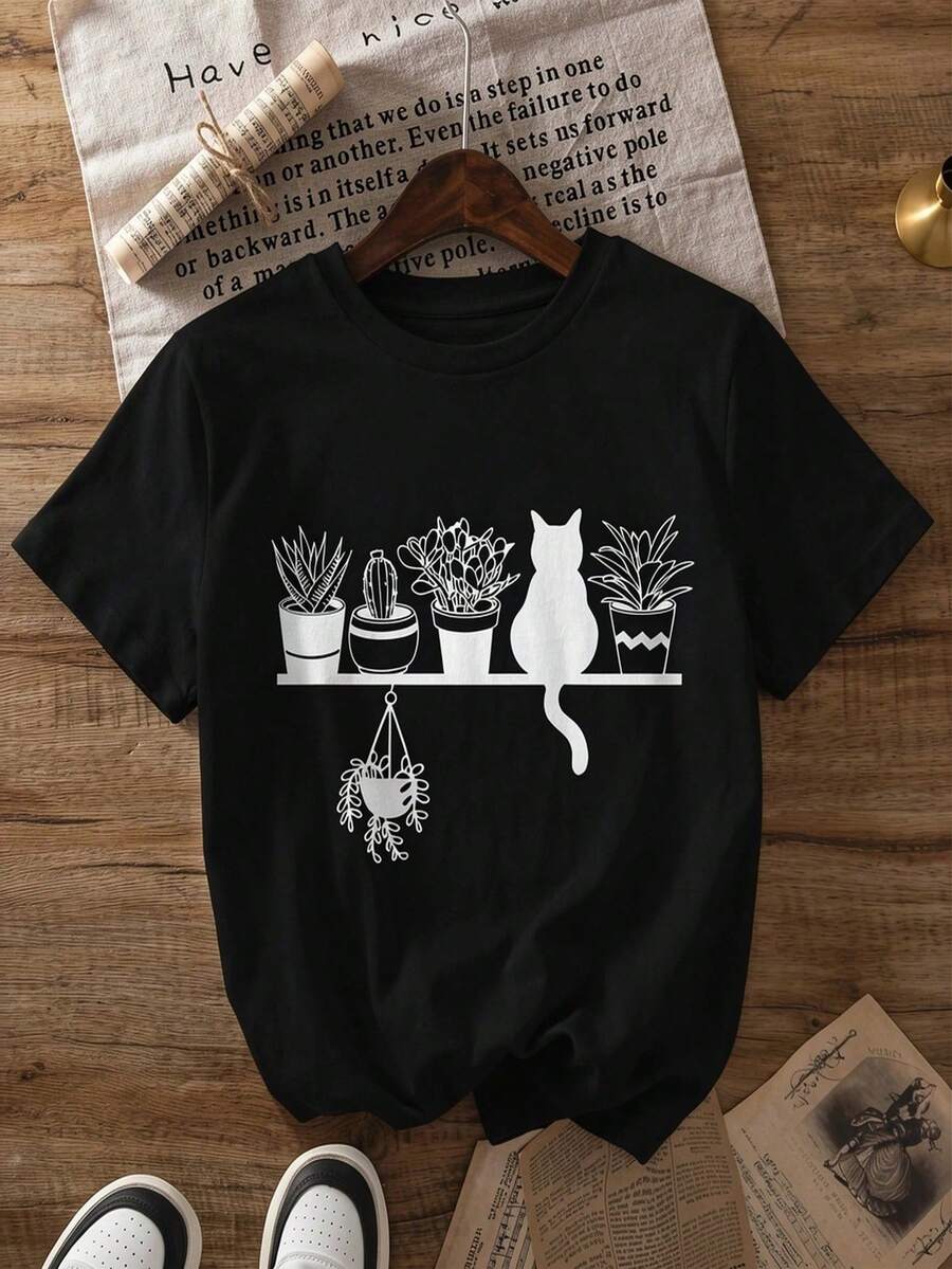 Ladies' Casual Short Sleeved T-Shirt With Round Neck Design And Letter Print, Perfect For Spring And Summer Wear. - 黑色 - 查看 1