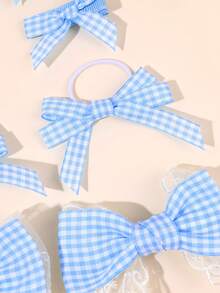 8pcs Blue Plaid Women's Bow Hair Clips, Solid Color Bow Hair Clips, Plaid Headbands, Cute Picnic Daily Matching Hair Accessories For Women - Blue - View 5