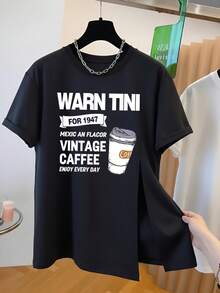 日式復古咖啡杯印花女款夏季新款寬鬆側開衩白色休閒短袖上衣，咖啡杯印花女款黑色T恤 - 黑色 - 查看 2