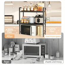 3/2-Story Kitchen Storage Rack With 6 Hooks, Expandable Microwave Rack, Microwave Storage Rack, High Load-Bearing Design, Rust Resistant And Durable, Suitable For Kitchen/Office/Storage Room, Expansion Range 40-64cm (Black), Standing Shelf - Black - Three Layers - View 10