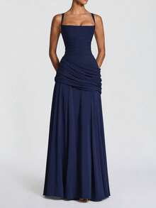Vestido de verano elegante sin tirantes y ajustado de color amarillo, vestido casual sin espalda y sin mangas con pliegues para fiesta y club para mujeres en bodas - Azul marino - Ver 1