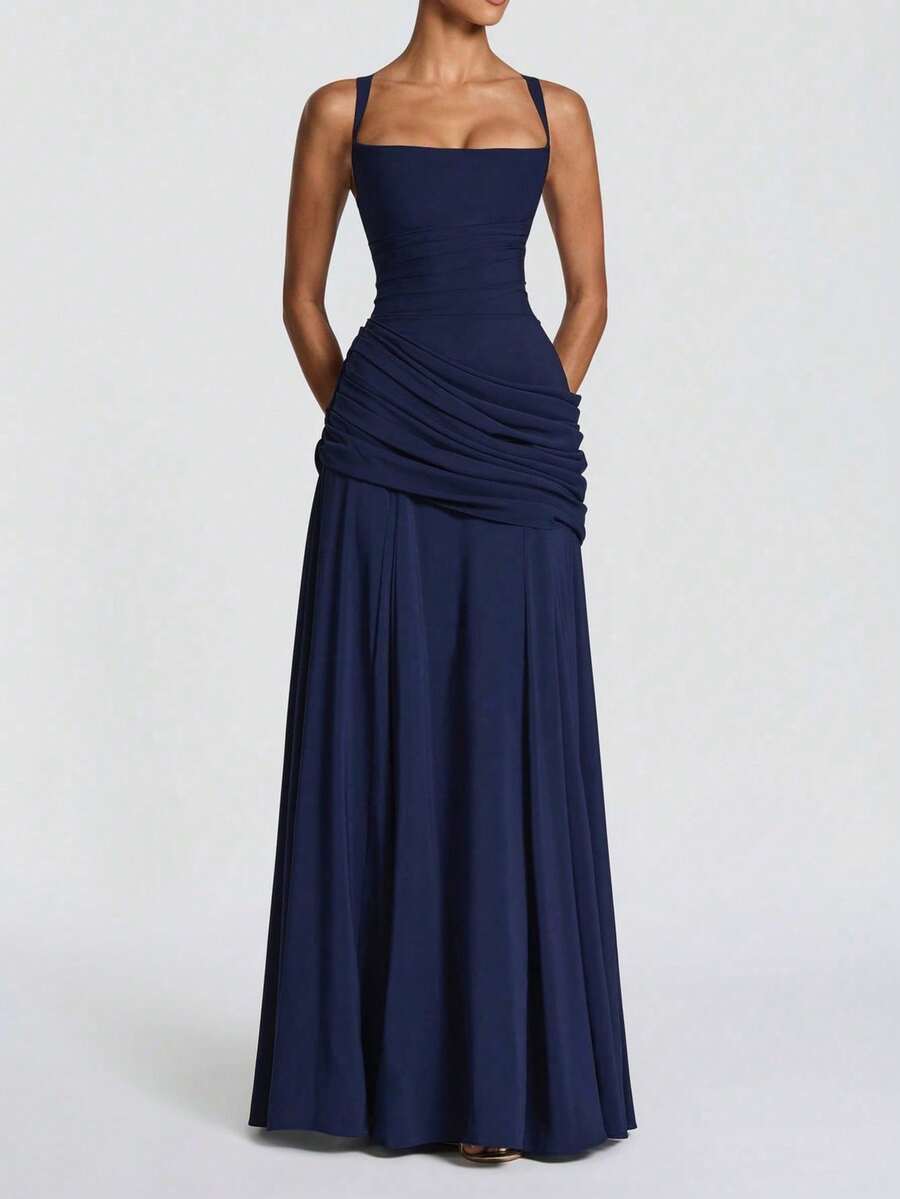 Vestido de verano elegante sin tirantes y ajustado de color amarillo, vestido casual sin espalda y sin mangas con pliegues para fiesta y club para mujeres en bodas - Azul marino - Ver 1