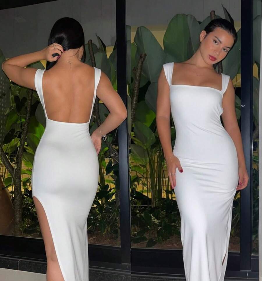 Vivi Long Dress For Party Wedding Graduation Simple Mesh Backless Asymmetrical Side Opening Wedding Evening Birthday Party Formal And Evening - 白色 - 查看 1