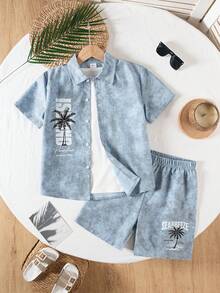 Tween Boy Casual Minimalist Collared Cardigan Shirt And Shorts 2 Pieces Set, Suitable For Summer - Dusty Blue - View 3