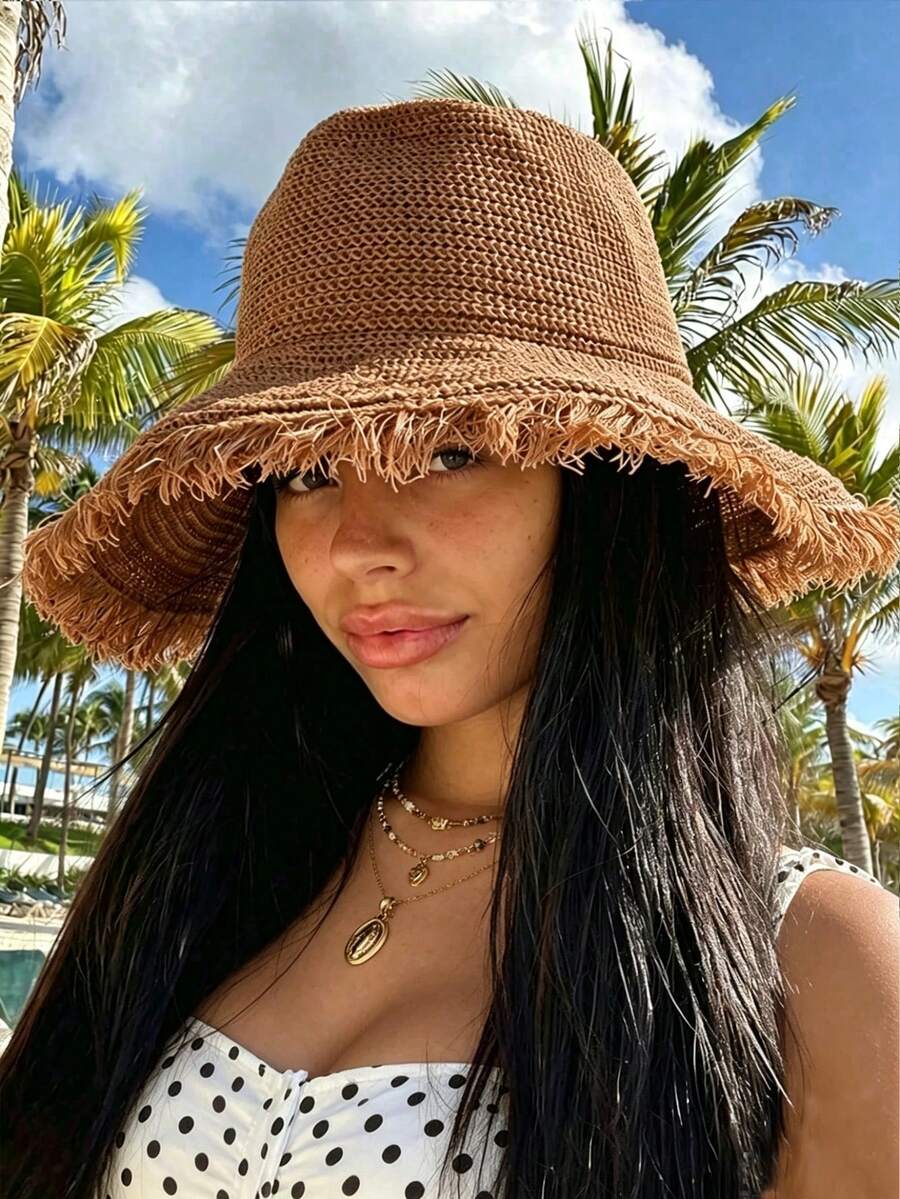 1 buah Topi Matahari Jerami Wanita, Topi Pantai Bertepi Lebar untuk Musim Semi/Panas, Perlindungan Matahari untuk Perjalanan, Liburan, Pantai, Gaya Bohemian - Warna kopi - View 1