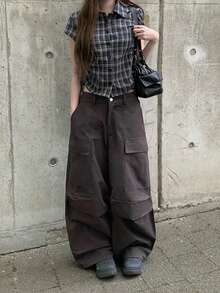 Loose Casual Solid Color Wide Leg Cargo Pants - Grey - View 1