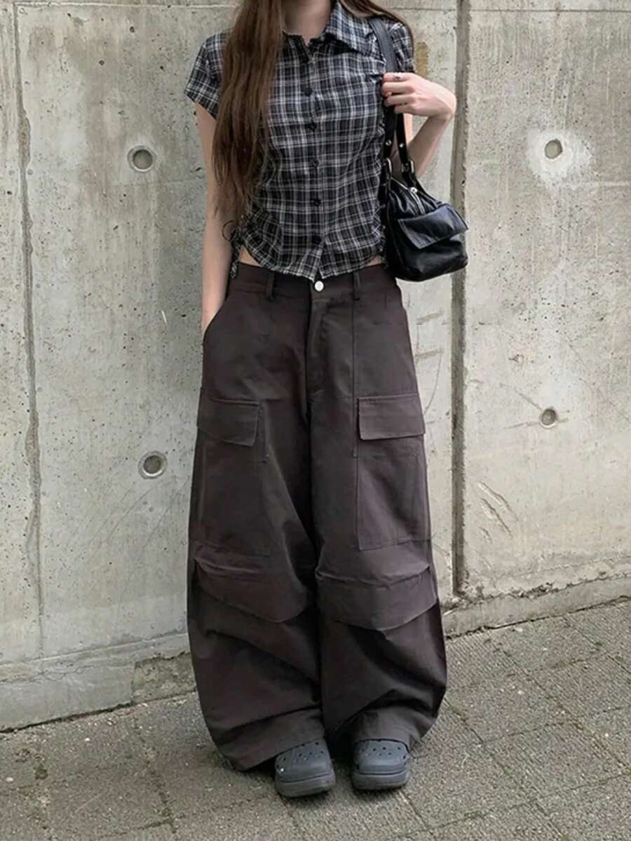 Loose Casual Solid Color Wide Leg Cargo Pants - Grey - View 1