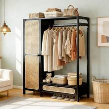 STAR BURN Bamboo Wardrobe, Bedroom Wardrobes, Freestanding Clothes Rack With Hanging Rail And Drawers, 4 Compartments, Magnetic Doors, Bamboo Hallway Wardrobe, 102*33*160 Cm (Black) - 多色 - 查看 4