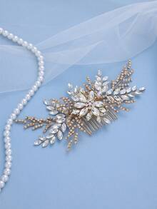 1pc Handmade Gold Rhinestone Leaf Hair Comb, Elegant Bridal Headpiece For Wedding, Prom, Party - Gold - View 2