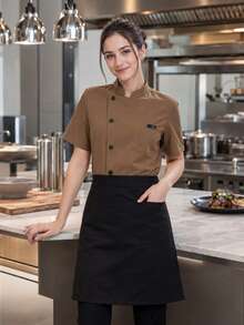 女款主廚制服 短袖專業廚房工作服 飯店餐廳主廚服 立領 秋季款 - 卡其色 - 查看 8