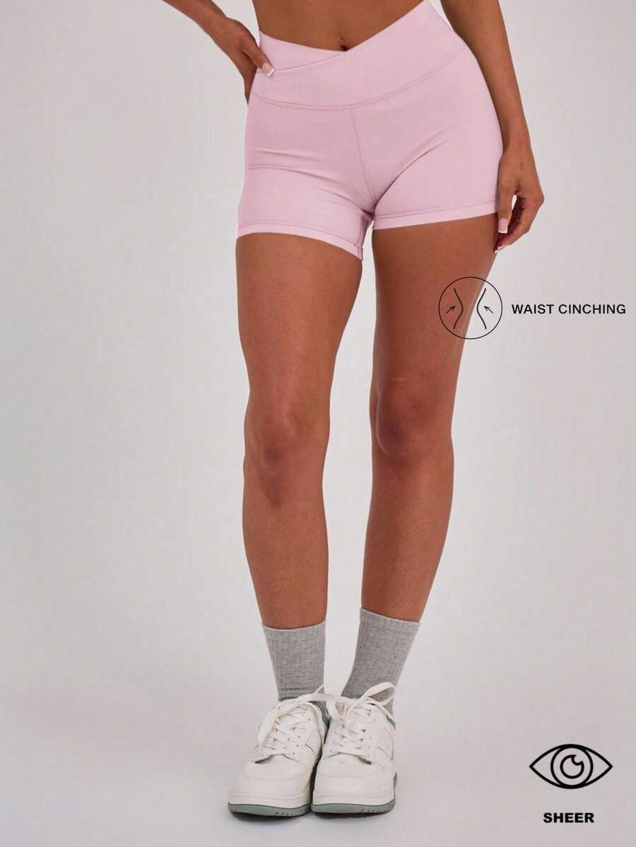 Seamless Crossover Waist Slim Fit Shorts, Soft Fabric Fitness Shorts For Women, Suitable For Sports And Everyday Wear - 米色 - 查看 1