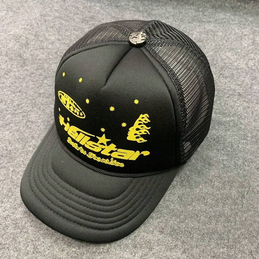 Hellstar 字母網格卡車帽 中性復古嘻哈棒球帽 爸爸帽 - 黑色 - 查看 1