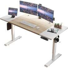 computadora eléctrico de pie de 63 x 30 pulgadas, mesa de pie ajustable en altura, computadora ergonómico para sentarse con tablero de empalme, motor único, marco blanco, parte superior de roble y - Roble y blanco. - Ver 1