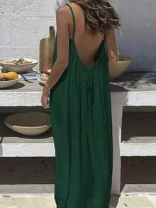 Women's 2026 Strappy Dress, Backless, Loose Fit, For Home Use. - Dark Green - View 3