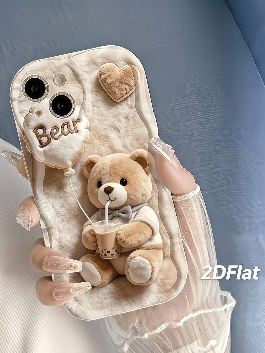 1件 2D可愛奶茶絨毛熊圖案波浪邊螢幕保護手機殼,適用於 Apple 7/8/X/XR/XSMAX/11/12/13/14/15/16/17Promax,適用於 A14/A15/A16/A17/A04/A05/A06/A07/A54/A55/A56/A57/A34/A35A/36/A37/S26/S26Plus/S26Ultra,適用於 Transsion SMART7/8/9/10 - 白色 - 查看 1