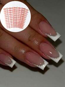 24pcs Long Square White French Manicure Nail Tips, Glitter Design, Perfect Fit Fake Nails, White French Manicure - 白色 - 查看 2