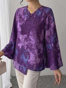 1pc Women's Tie-Dye Print Asymmetric Collar Diagonal Front Single-Breasted Asymmetric Hem Bell Sleeve Elegant Chinese Style Blouse Comfortable Breathable Holiday Outfit Perfect For Beach Vacation Work Daily Wear Party Banquet Wedding And More Occasions - Purple - View 7