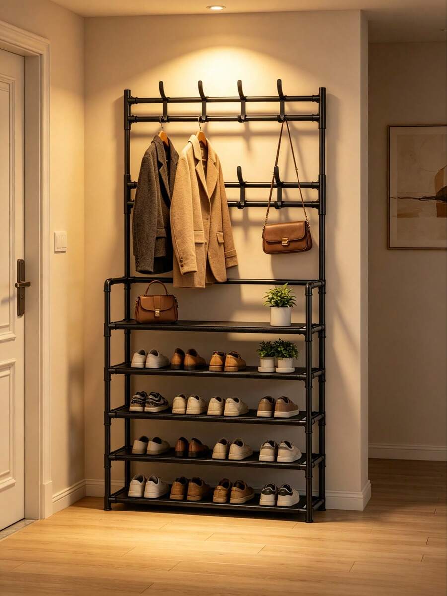 Freestanding Coat Rack With Storage Shelves, Equipped With 8 Hooks, Suitable For Entryways, Bedrooms, Wardrobes And Other Spaces, Featuring 5 Tiers Of Storage Compartments And Available In Multiple Colors - Multicolor - View 1