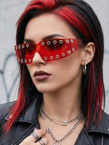 Lunettes décoratives sans monture punk sombres à rivets, style mode street Y2K millénaire hot girl tech, lunettes de mode punk européen et américain pour pose de fête, design bicolore contrasté, lunettes de mode street hip-hop pour fête et festival de musique - Multicolore - Voir 3