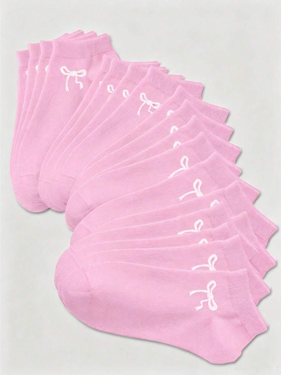 1/3/5/10雙女款可愛蝴蝶結圖案隱形襪,柔軟透氣低筒休閒襪,四季皆宜 - 粉色 - 查看 1