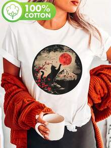 Camiseta negra estampada, manga corta, cuello redondo, top casual para verano y primavera, ropa de mujer - Blanco - Ver 1