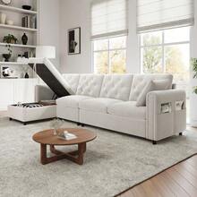 Modern Velvet Sofa With Corner Storage, L-Shaped Storage Compartment That Can Be Rotated Left And Right, Side Armrests With Magazine Pockets, Tufted Backrest. Beige. (281 * 86 * 71 Cm) - Beige - View 3