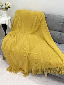 1pc Wavy Pattern Acrylic Knit Throw Blanket, Nordic Style Rectangular Solid Color Sofa Cover Bed Decorative Blanket Nap Blanket With Tassels - Yellow Vertical Three-curve Stripes - View 5