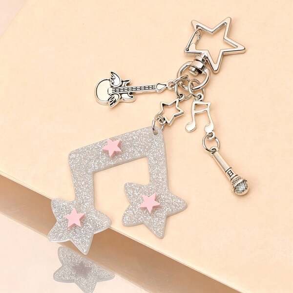 1pc Women's Shiny Star & Music Note Acrylic Pendant Guitar Microphone Charm Keychain Bag Key Hanger