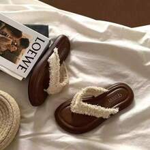 Cream White Frayed Round Toe Thick Sole Flip Flops Women Summer Casual Versatile Outdoor Beach Non-Slip Sandals Toe Strap Valentine's Day Halloween Graduation Season Suitable For Date Shopping Commute Party - Beige - View 1