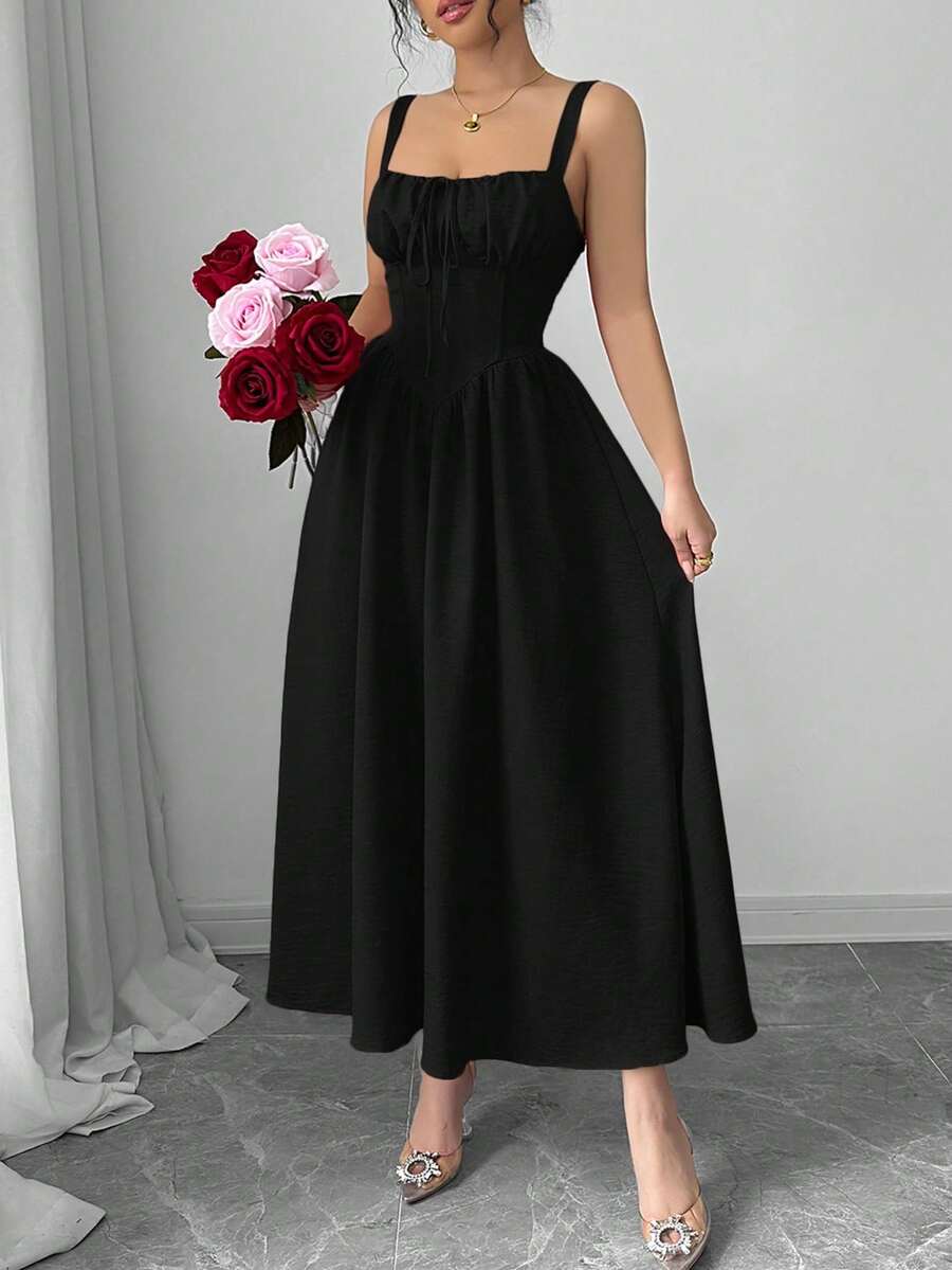 Women's Plain Red Maxi Dress For Summer 2025, Perfect For Valentine's Day Or Holidays, Featuring Ruffles At The Front, A Bow, An Asymmetrical Neckline, And A Slimmed Waist - 黑色 - 查看 1