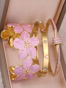 3件/1件裝 女款奢華粉色琺瑯 H 字鑲鑽手鍊 18K 金色不鏽鋼可疊戴手環 時尚極簡 派對日常穿戴珠寶手鐲 - 金黃色 - 查看 2