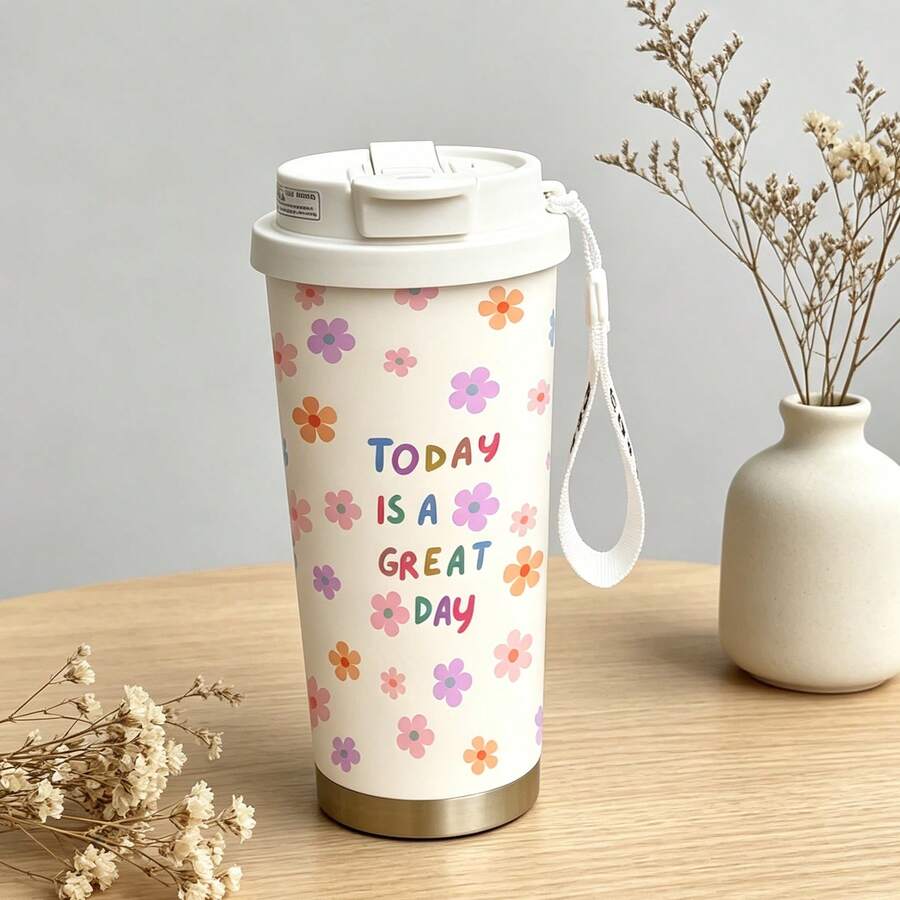 1/5pcs 18oz Stainless Steel Coffee Tumbler, Today Is A Great Day Colorful Floral Print Travel Mug, Multi-Function Flip Straw Lid, White COFFEE Lanyard Strap, Ideal Gift For Positive Ladies, Suitable For Picnic Travel Home Office Daily - Today Is a Beautiful Day. - View 1