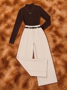 Elegant Women's Winter 2-Piece Set With High-Neck Long-Sleeve Bodysuit And Tailored Trousers + Belt - Winter Fashion - B 棕色米色褲子 - 查看 1