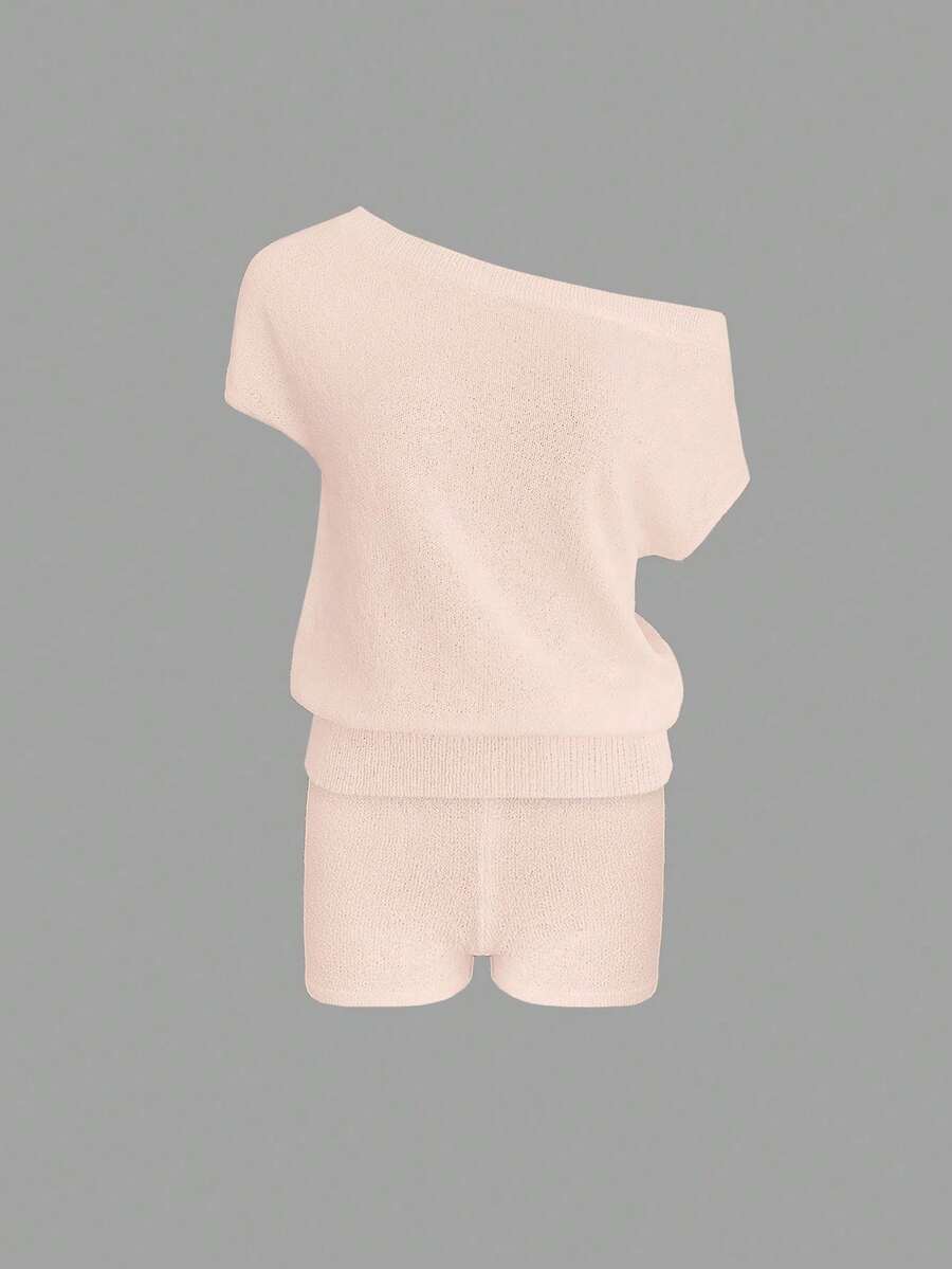 Women's Casual Beach Set - Solid Color Off-Shoulder Knit Top And Straight Leg Shorts, Suitable For Spring And Summer Wear - Rosa - View 1
