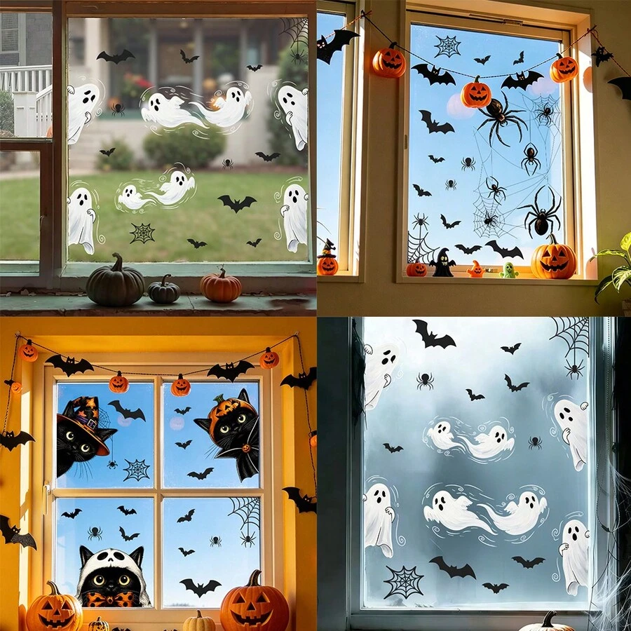 1 Set Of Halloween Window Stickers, Featuring A Ghostly Black Cat Design. Made Of Vinyl With Electrostatic Properties, Suitable For Living Room And Office Windows, Holiday Party Decorations. Reusable. - Multicolor - View 1