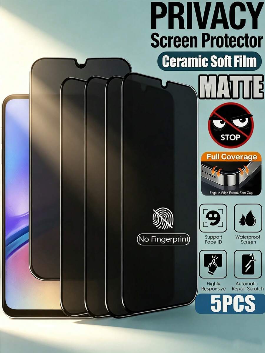 5片裝磨砂陶瓷防窺螢幕保護貼，相容 Galaxy S26 S25 S24 Ultra FE A57 A37 A56 A36 A17 A07 A16 A26 / 相容 15T Poco M6 M7 X7 Pro Note 14 13 Pro 4G 5G / 相容 iPhone 17 Pro Max 16 15 14 13 12 11 系列，抗指紋光滑塗層、無氣泡、抗眩光、防窺、易安裝，磨砂防窺膜