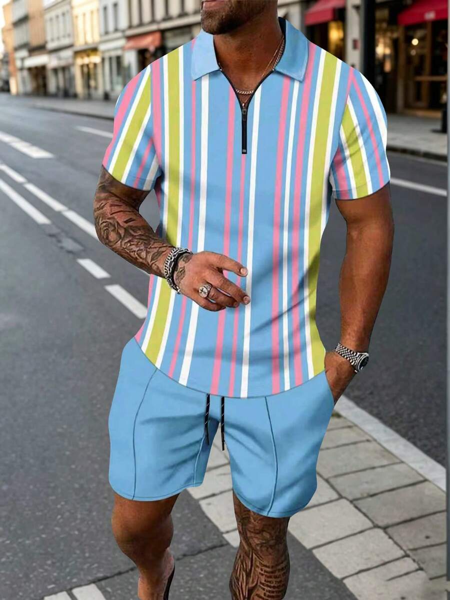 2pcs/Set Hawaiian Bright Colors Summer Outfit, 3D Striped Print Zip Polo Shirt + Shorts, Lightweight Polyester Fabric Men's 2-Piece Sportswear Set - Blue - View 1