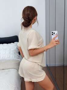 Dreamivo Solid Color Ruffle Trim Women's Short Sleeve Pajama Set - Short Sleeve Button Collar Top And Shorts, Machine Washable, Can Also Be Worn As Casual Wear - Apricot - View 2