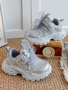 1 Pair Girls' Silver Sequin Mesh Bow Thick Sole Dad Sneakers, Luxury Fairy Princess Style, Suitable For School, Party, Travel And Multiple Occasions - Silver - View 6