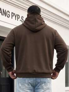 Plus Size Solid Color Hooded Sweatshirt, Loose Fit Kangaroo Pocket Drawstring Pullover, Casual Versatile Top - Coffee Brown - View 4
