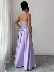 Elegante vestido sin mangas con cuello en V, diseño hueco en la cintura y pliegues, color morado, nueva llegada de primavera/verano - Celeste - Ver 3