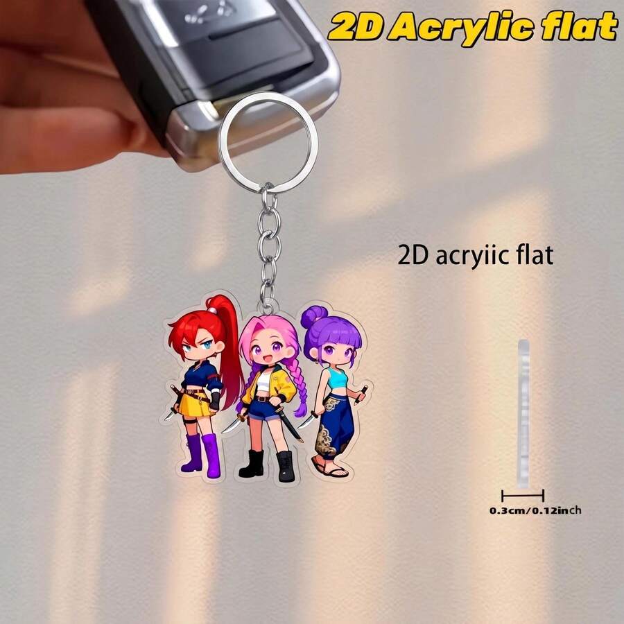 2D Flat, 15Pcs Keyring Packs, Cartoon Girl Group Pattern Keychain Gift Set - Includes (5pcs 2D Design Acrylic Keychains + 5pcs Thank You Cards) - View 1