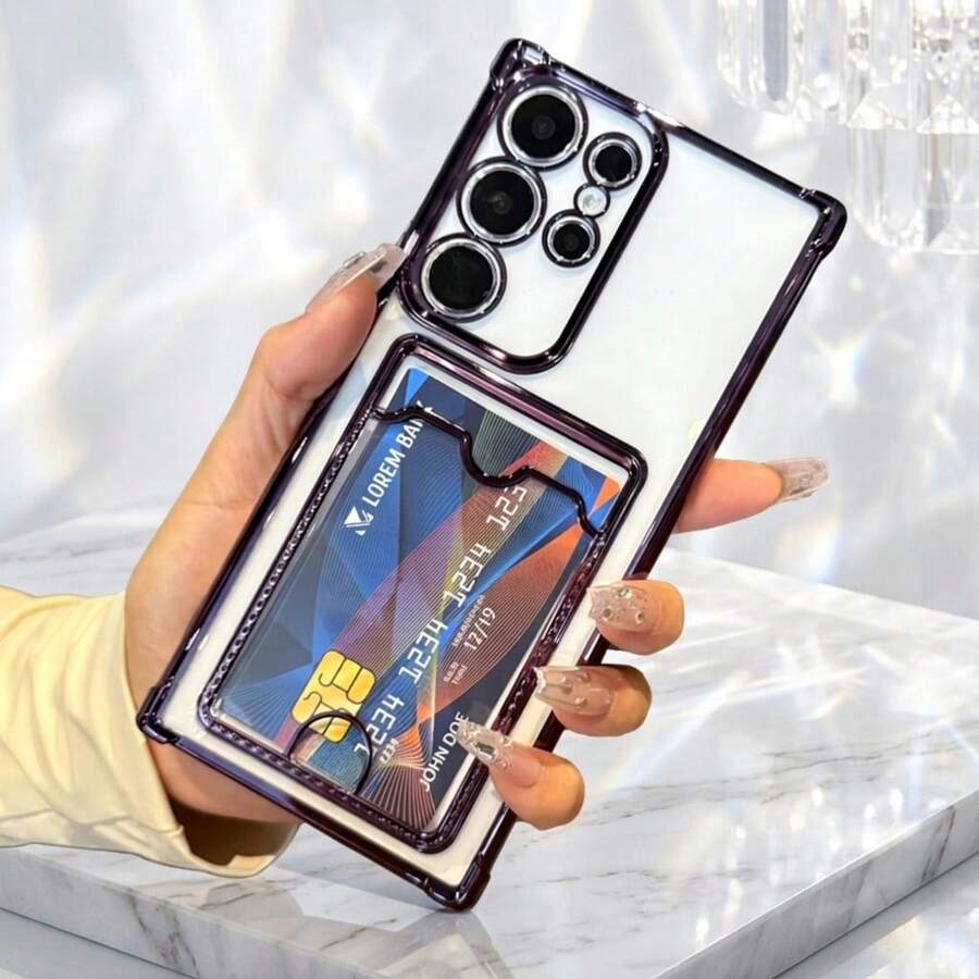 1pc Purple Electroplated Card Holder Phone Case With Card Slot, Four-Corner Thick Airbag Anti-Drop, Push Window Wallet Card Sleeve, Luxury 6D Electroplated Frame Full Coverage, Precise Camera Hole, Soft Silicone Transparent Phone Case Compatible With Apple 17pro/17promax/17Air/17 And Galaxy S26Ultra/S26Plus/S26/S26Edge/S25Ultra/S25Plus/S25/S25Edge/S25FE/S24Ultra/S24Plus/S24/S23Ultra/A57/A37/A17/A07/A56/A36/A26/A55/A35/A25/A15/A24/A34/A14/A16/A06/A05S And And