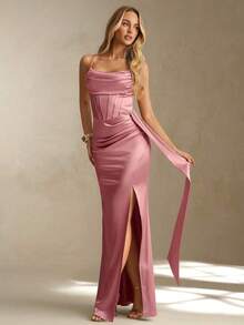 Nuevo vestido camisero largo y elegante para mujer con abertura lateral, de satén rosa y corte ceñido, ideal para el Día de San Valentín y Añ - Rosa - Ver 5