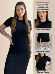 Women's Basic Plain Casual Premium Cotton Midi Blogger Dress - Black - View 6