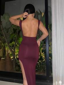 Vivi Long Dress (Lined) For Party, Wedding, Graduation, Simple, Knit Fabric, Backless, Asymmetrical, Side Slit, Wedding, Evening, Birthday Party, Formal And Nighttime - 紫紅色 - 查看 2