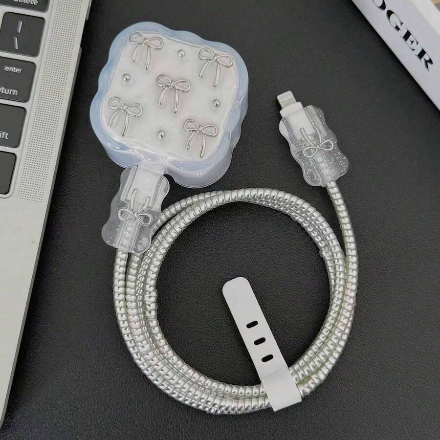 銀色蝴蝶結/櫻桃/花朵設計 防刮耐摔 Apple 20W 英國插頭充電器保護套 相容 iPhone 數據線保護套